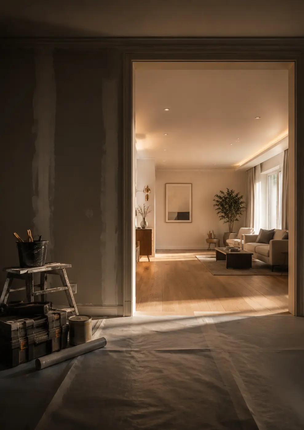 Blick von einem vorbereiteten Baubereich in einen fertig sanierten Wohnraum